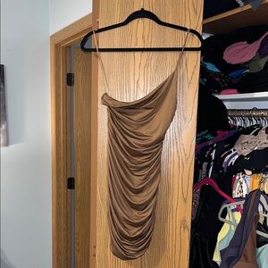 Fashion Nova Tan Ruched Mini Dress